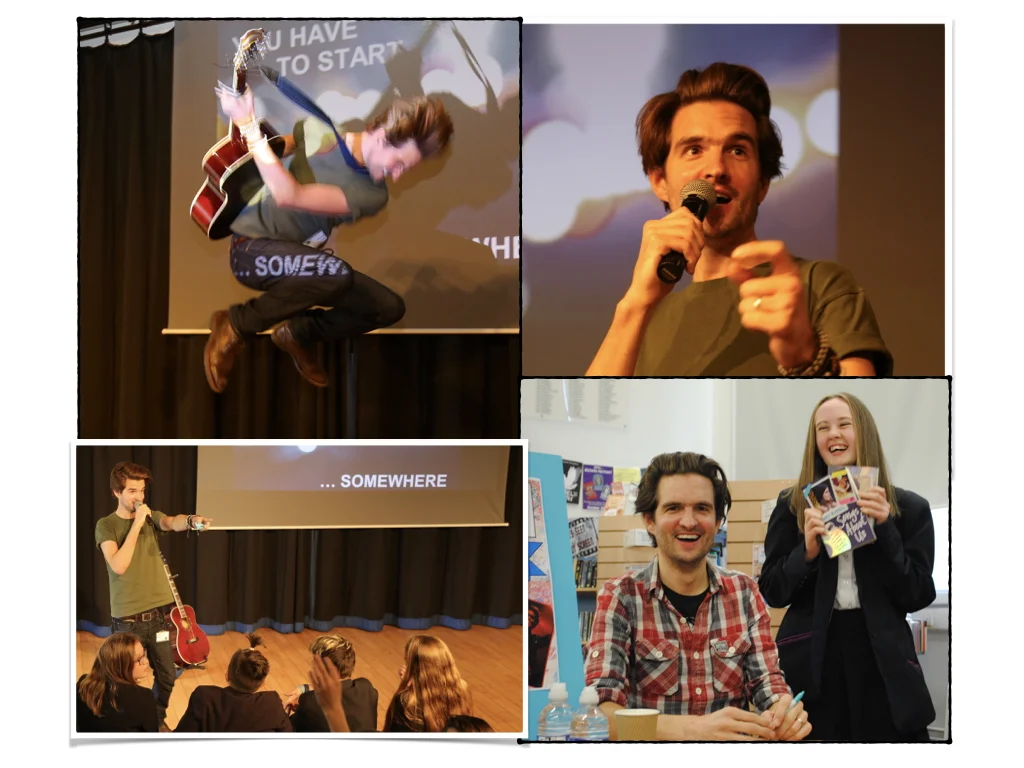Chris Russell performing and signing books at school events