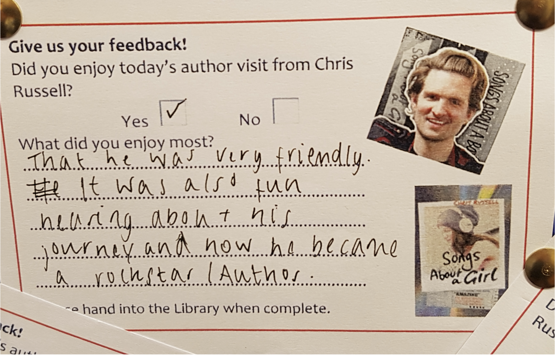 Student feedback card praising Chris Russell's school visit