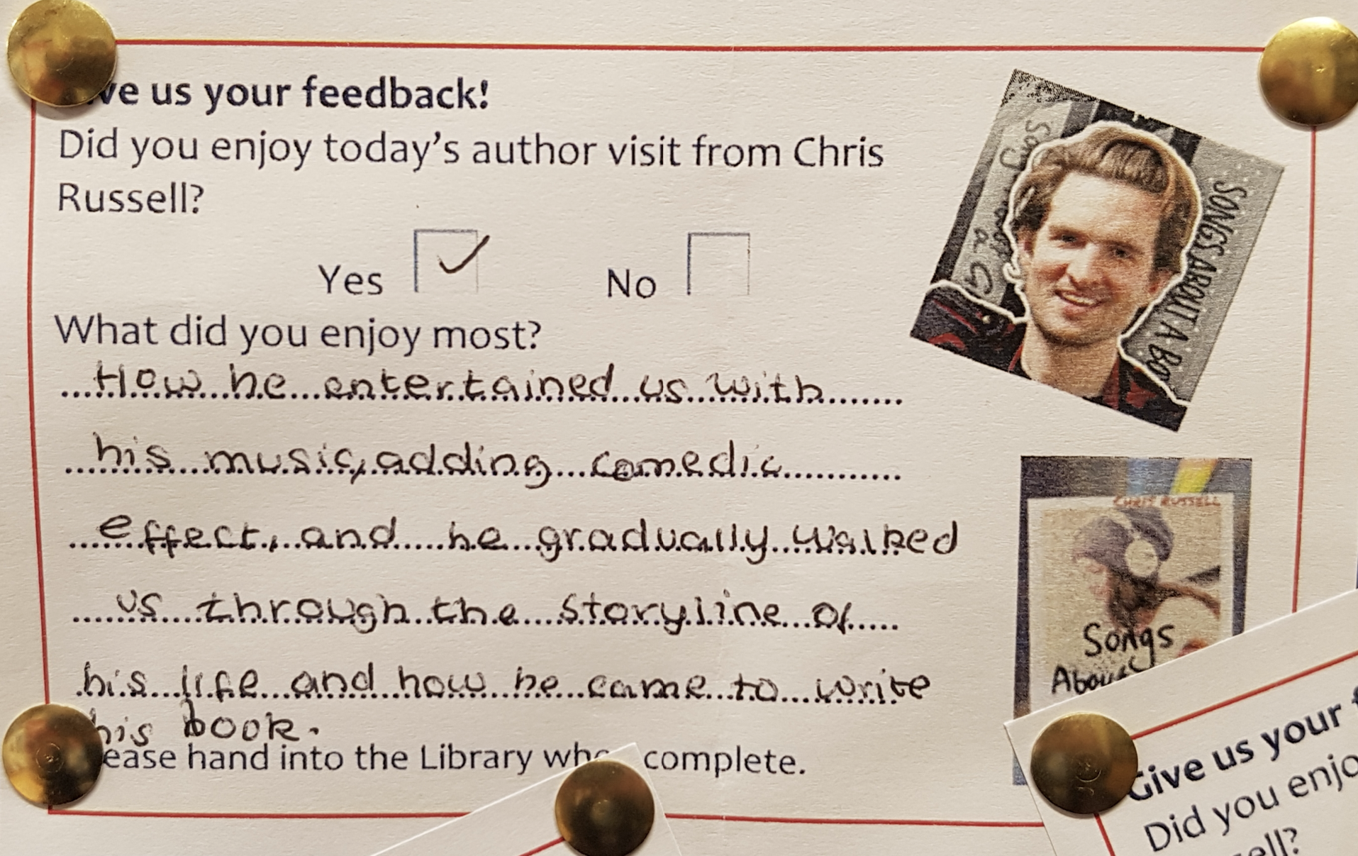 Student feedback card praising Chris Russell's school visit