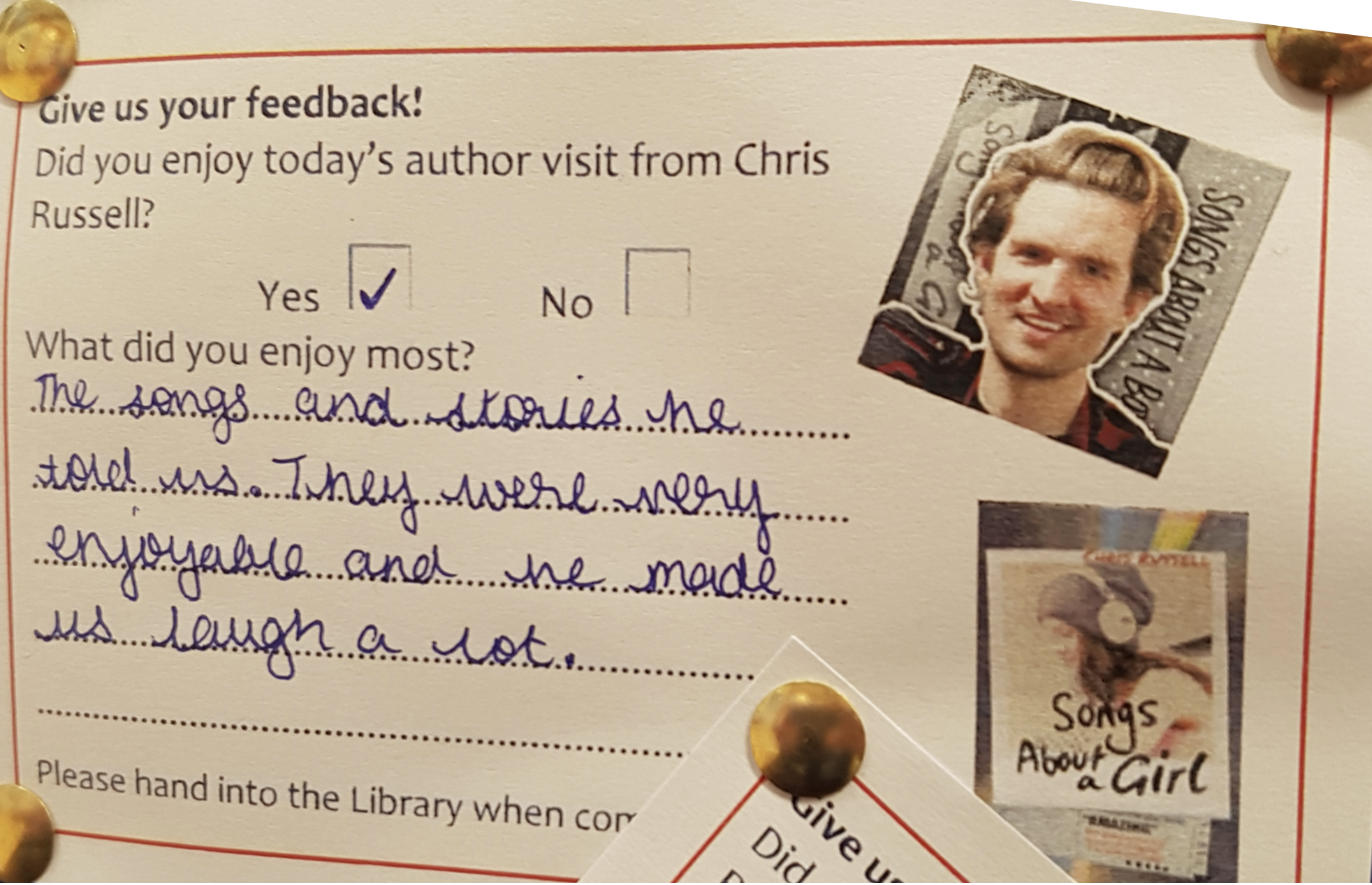Student feedback card praising Chris Russell's school visit