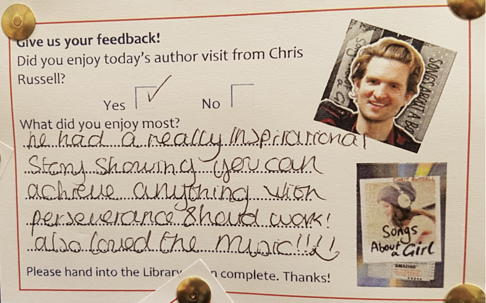 Student feedback card praising Chris Russell's school visit
